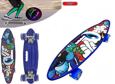 Скейтборд (пенниборд) PWS 23" Print "Fantasy", с ручкой, LED светящиеся колеса, подвеска - Alu, ABEC-7 (синий/белый) УТ00021578